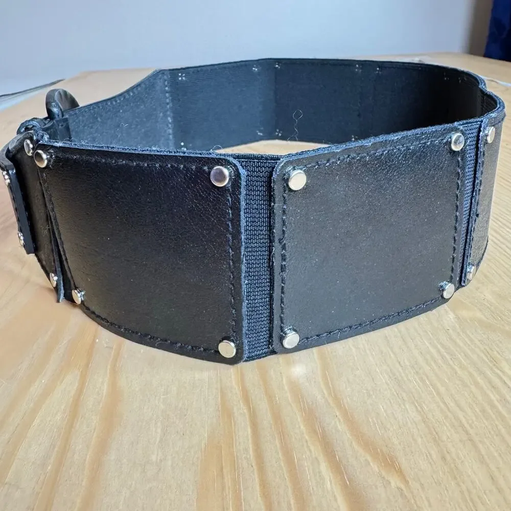 Calvin Klein women’s Belt Black Leather Stretch Studded Silver 90s M/L